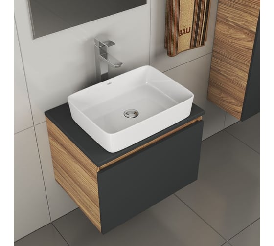 Комплект для ванной Bauedge 4 предмета (тумба Bau 60, графит + раковина BAU Hotel 48х37 + смеситель Hotel Still, выпуск клик-клак, хром) BD1983
