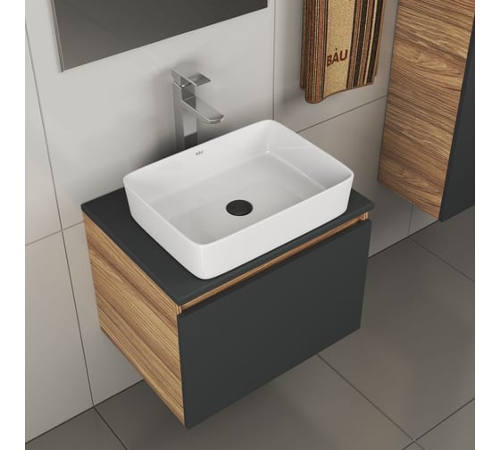Комплект для ванной Bauedge 4 предмета (тумба Bau 60, графит + раковина BAU Hotel 48х37 + смеситель Hotel Still, выпуск клик-клак, черный) BD1982