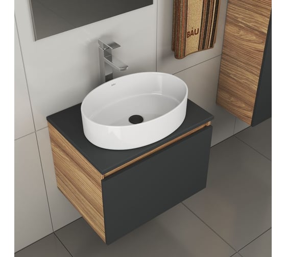Комплект для ванной Bauedge 4 предмета (тумба Bau 60, графит + раковина BAU Nimb 50х36 + смеситель Hotel Still, выпуск клик-клак, черный) BD2002