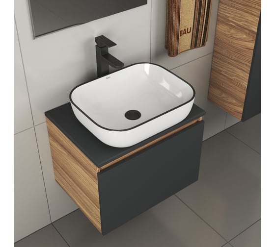 Комплект для ванной Bauedge 4 предмета (тумба Bau 60, графит + раковина BAU Stil Black Rand 50х40 + смеситель Hotel Black, выпуск клик-клак, черный) BD2055