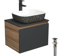 Комплект для ванной Bauedge 4 предмета (тумба Bau 60, графит + раковина BAU Stil Black White 50х40 + смеситель Hotel Black, выпуск клик-клак, черный) BD2065