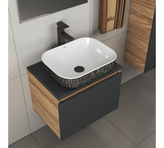 Комплект для ванной Bauedge 4 предмета (тумба Bau 60, графит + раковина BAU Stil Black White 50х40 + смеситель Hotel Black, выпуск клик-клак, черный) BD2065