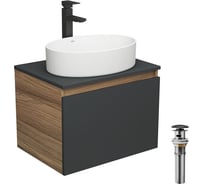 Комплект для ванной Bauedge 4 предмета (тумба Bau 60, графит + раковина BAU Nimb 50х36 + смеситель Hotel Black, выпуск клик-клак, черный) BD2005