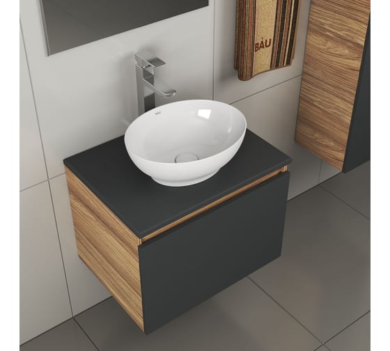 Комплект для ванной Bauedge 4 предмета (тумба Bau 60, графит + раковина BAU Nimb 41х33 + смеситель Hotel Still, выпуск клик-клак, белый) BD2104