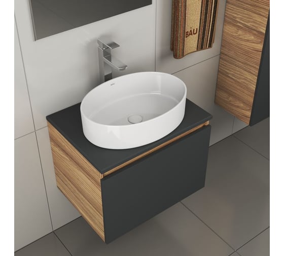 Комплект для ванной Bauedge 4 предмета (тумба Bau 60, графит + раковина BAU Nimb 50х36 + смеситель Hotel Still, выпуск клик-клак, белый) BD2004