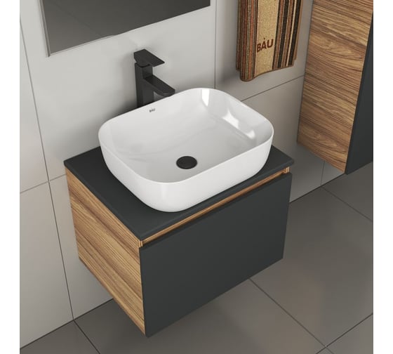 Комплект для ванной Bauedge 4 предмета (тумба Bau 60, графит + раковина BAU Stil 50х40 + смеситель Hotel Black, выпуск клик-клак, черный) BD2025