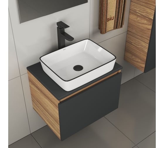 Комплект для ванной Bauedge 4 предмета (тумба Bau 60, графит + раковина BAU Hotel Black Rand 48х37 + смеситель Hotel Black, выпуск клик-клак, черный) BD2045