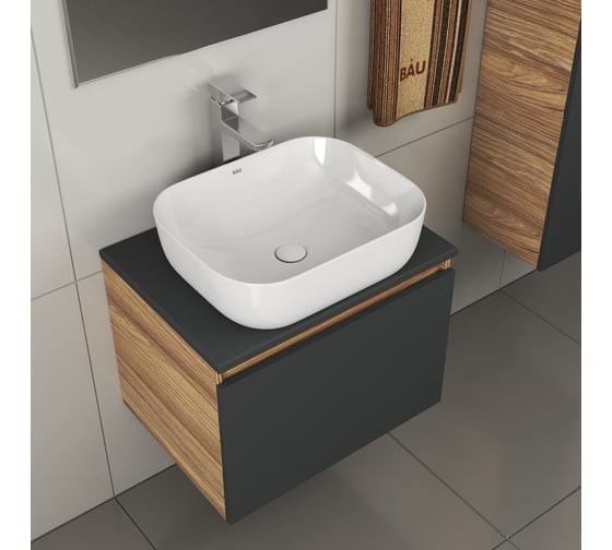 Комплект для ванной Bauedge 4 предмета (тумба Bau 60, графит + раковина BAU Stil 50х40 + смеситель Hotel Still, выпуск клик-клак, белый) BD2024