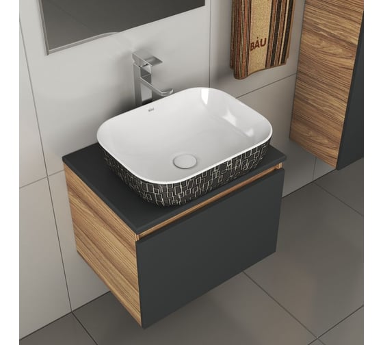 Комплект для ванной Bauedge 4 предмета (тумба Bau 60, графит + раковина BAU Stil Black White 50х40 + смеситель Hotel Still, выпуск клик-клак, белый) BD2064