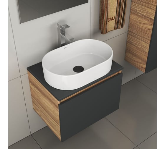 Комплект для ванной Bauedge 4 предмета (тумба Bau 60, графит + раковина BAU Nimb 56х36 + смеситель Hotel Still, выпуск клик-клак, черный) BD2082