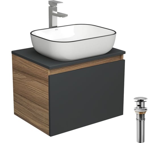 Комплект для ванной Bauedge 4 предмета (тумба Bau 60, графит + раковина BAU Stil Black Rand 50х40 + смеситель Hotel Still, выпуск клик-клак, хром) BD2053