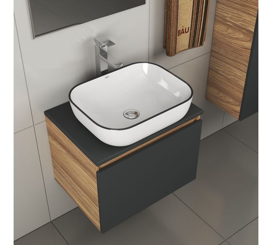 Комплект для ванной Bauedge 4 предмета (тумба Bau 60, графит + раковина BAU Stil Black Rand 50х40 + смеситель Hotel Still, выпуск клик-клак, хром) BD2053