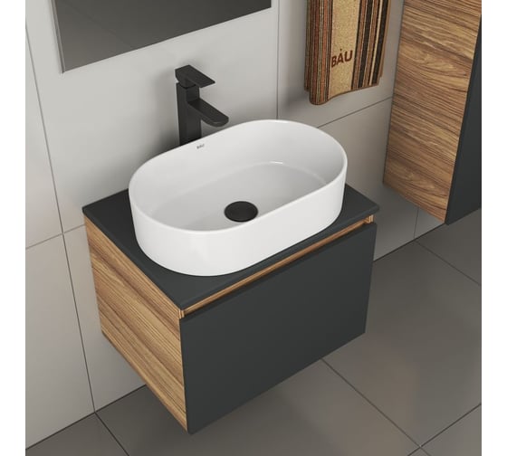 Комплект для ванной Bauedge 4 предмета (тумба Bau 60, графит + раковина BAU Nimb 56х36 + смеситель Hotel Black, выпуск клик-клак, черный) BD2085