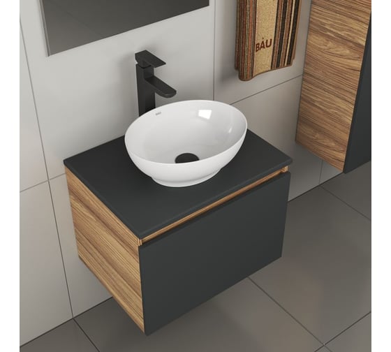 Комплект для ванной Bauedge 4 предмета (тумба Bau 60, графит + раковина BAU Nimb 41х33 + смеситель Hotel Black, выпуск клик-клак, черный) BD2105