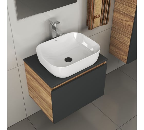 Комплект для ванной Bauedge 4 предмета (тумба Bau 60, графит + раковина BAU Stil 50х40 + смеситель Hotel Still, выпуск клик-клак, черный) BD2022