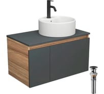 Комплект для ванной Bauedge 4 предмета (тумба Bau 80, графит + раковина BAU D40, с отв. под смеситель + смеситель Dream Black, выпуск клик-клак, черный) BD2327