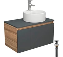 Комплект для ванной Bauedge 4 предмета (тумба Bau 80, графит + раковина BAU D40, с отв. под смеситель + смеситель Hotel Still, выпуск клик-клак, хром) BD2322