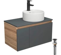Комплект для ванной Bauedge 4 предмета (тумба Bau 80, графит + раковина BAU D40, с отв. под смеситель + смеситель Hotel Black, выпуск клик-клак, черный) BD2324