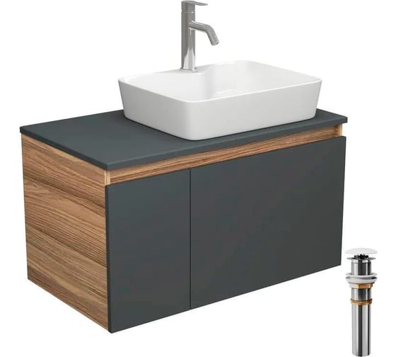 Комплект для ванной Bauedge 4 предмета (тумба Bau 80, графит + раковина BAU 48х37, с отв. под смеситель + смеситель Dream, выпуск клик-клак, белый) BD2340 1