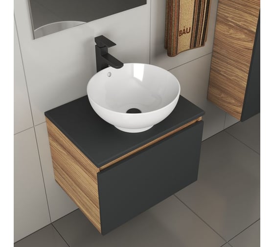 Комплект для ванной Bauedge 4 предмета (тумба Bau 60, графит + раковина чаша BAU Dream D41 + смеситель Hotel Black, выпуск клик-клак, черный) BD2035