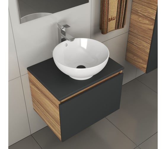 Комплект для ванной Bauedge 4 предмета (тумба Bau 60, графит + раковина чаша BAU Dream D41 + смеситель Hotel Still, выпуск клик-клак, черный) BD2032