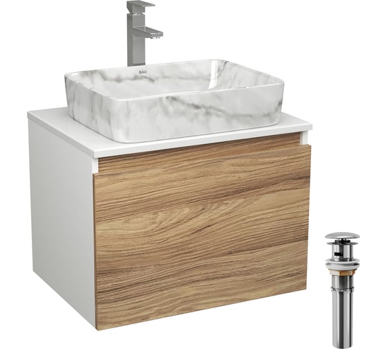 Комплект Bauedge тумба Bau Dream Blackwood 60, 1 ящик, раковина прямоугольная BAU Hotel 48x37, мрамор, смеситель Hotel Stil, нерж. сталь, выпуск клик клак, х BD3018