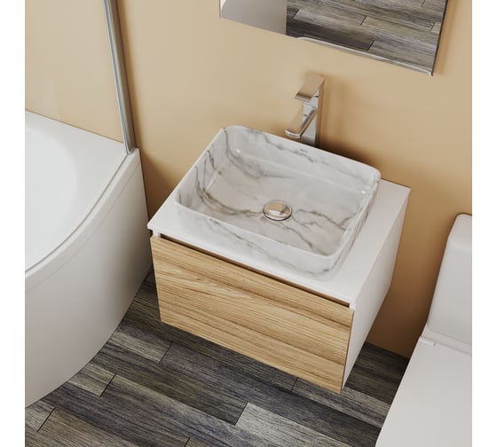 Комплект Bauedge тумба Bau Dream Blackwood 60, 1 ящик, раковина прямоугольная BAU Hotel 48x37, мрамор, смеситель Hotel Stil, нерж. сталь, выпуск клик клак, х BD3018