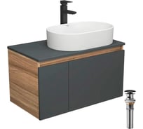 Комплект для ванной Bauedge 4 предмета (тумба Bau 80, графит + раковина BAU Nimb 56х36 + смеситель Hotel Black, выпуск клик-клак, черный) BD2263