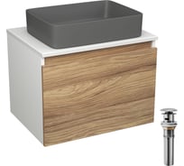 Комплект Bauedge тумба Bau Dream Blackwood 60, 1 ящик, раковина прямоугольная BAU Hotel 48x37, темно-серая матовая, выпуск клик клак, хром BD3036