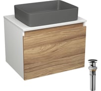 Комплект Bauedge тумба Bau Dream Blackwood 60, 1 ящик, раковина прямоугольная BAU Hotel 48x37, темно-серая матовая, выпуск клик клак, черный BD3035