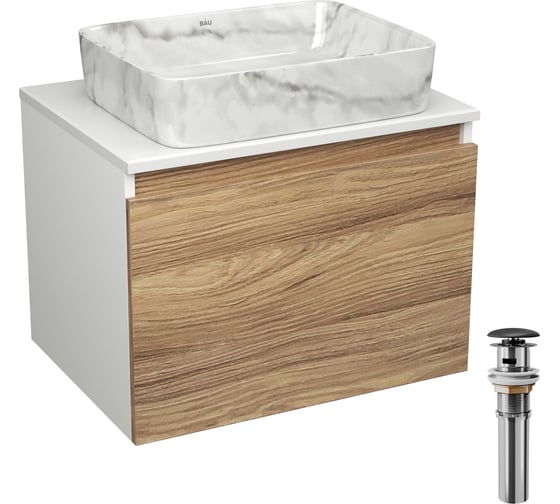 Комплект Bauedge тумба Bau Dream Blackwood 60, 1 ящик, раковина прямоугольная BAU Hotel 48х37, мрамор, выпуск клик клак, черный BD3015