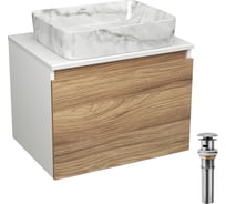 Комплект Bauedge тумба Bau Dream Blackwood 60, 1 ящик, раковина прямоугольная BAU Hotel 48х37, мрамор, выпуск клик клак, хром BD3016