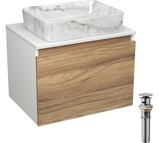 Комплект Bauedge тумба Bau Dream Blackwood 60, 1 ящик, раковина прямоугольная BAU Hotel 48х37, мрамор, выпуск клик клак, хром BD3016