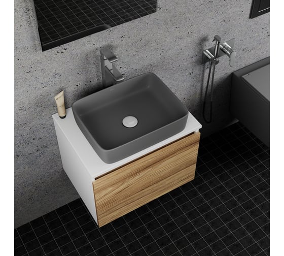 Комплект Bauedge тумба Bau Dream Blackwood 60, 1 ящик, раковина прямоугольная BAU Hotel 48x37, темно-серая матовая, смеситель Hotel Stil, нерж. сталь, выпуск BD3039