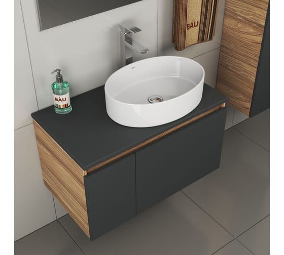 Комплект для ванной Bauedge 4 предмета (тумба Bau 80, графит + раковина BAU Nimb 50х36 + смеситель Hotel Still, выпуск клик-клак, хром) BD2181