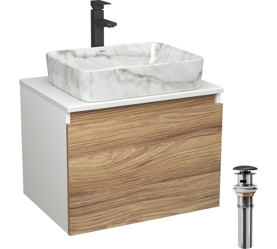 Комплект Bauedge тумба Bau Dream Blackwood 60, 1 ящик, раковина прямоугольная BAU Hotel 48х37, мрамор, смеситель Hotel Stil черный, выпуск клик клак, черный BD3020