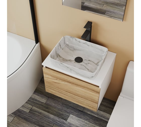 Комплект Bauedge тумба Bau Dream Blackwood 60, 1 ящик, раковина прямоугольная BAU Hotel 48х37, мрамор, смеситель Hotel Stil черный, выпуск клик клак, черный BD3020