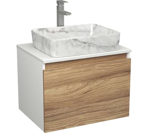 Комплект Bauedge тумба Bau Dream Blackwood 60, 1 ящик, раковина прямоугольная BAU Hotel 48х37, мрамор, смеситель Hotel Stil, нерж. сталь BD3012