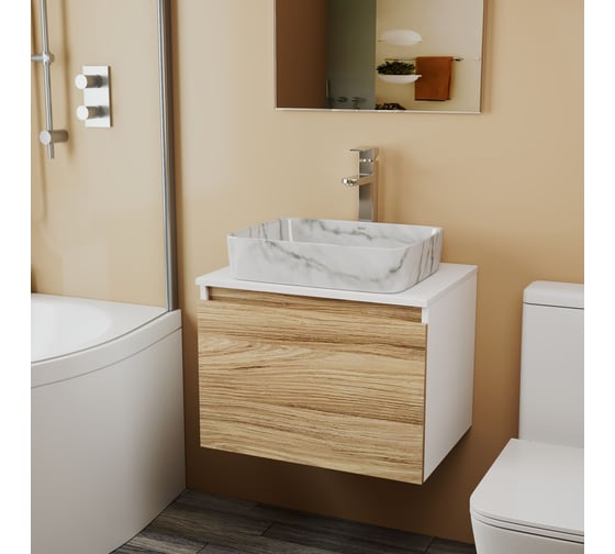 Комплект Bauedge тумба Bau Dream Blackwood 60, 1 ящик, раковина прямоугольная BAU Hotel 48х37, мрамор, смеситель Hotel Stil, нерж. сталь BD3012