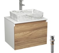 Комплект Bauedge тумба Bau Dream Blackwood 60, 1 ящик, раковина прямоугольная BAU Hotel 48х37, мрамор, смеситель Hotel Stil, нерж. сталь, выпуск клик клак, б BD3019