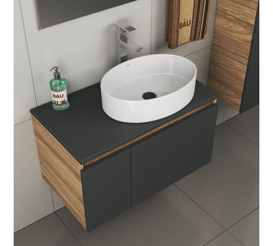 Комплект для ванной Bauedge 4 предмета (тумба Bau 80, графит + раковина BAU Nimb 50х36 + смеситель Hotel Still, выпуск клик-клак, черный) BD2180