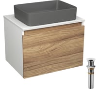 Комплект Bauedge тумба Bau Dream Blackwood 60, 1 ящик, раковина прямоугольная BAU Hotel 48х37, темно-серая матовая, выпуск клик клак, белый BD3034
