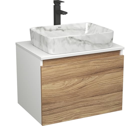Комплект Bauedge тумба Bau Dream Blackwood 60, 1 ящик, раковина прямоугольная BAU Hotel 48х37, мрамор, смеситель Hotel Stil, черный матовый BD3013
