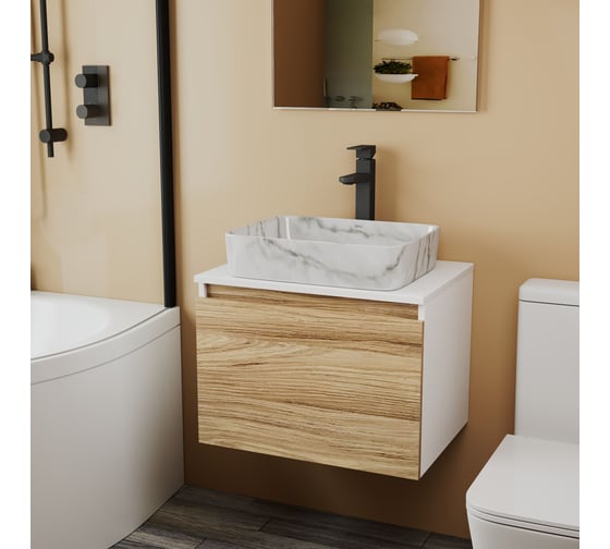 Комплект Bauedge тумба Bau Dream Blackwood 60, 1 ящик, раковина прямоугольная BAU Hotel 48х37, мрамор, смеситель Hotel Stil, черный матовый BD3013