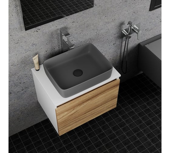 Комплект Bauedge тумба Bau Dream Blackwood 60, 1 ящик, раковина прямоугольная BAU Hotel 48х37, темно-серая матовая, смеситель Hotel Stil, нерж. сталь, выпуск BD3037