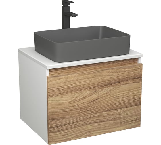 Комплект Bauedge тумба Bau Dream Blackwood 60, 1 ящик, раковина прямоугольная BAU Hotel 48х37, темно-серая матовая, смеситель Hotel Stil, черный матовый BD3033