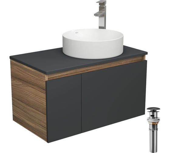Комплект для ванной Bauedge 4 предмета (тумба Bau 80, графит + раковина BAU Dream D41 + смеситель Hotel Still, выпуск клик-клак, черный) BD2190 1