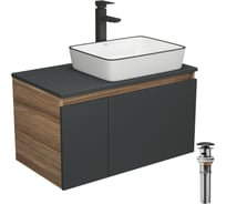 Комплект для ванной Bauedge 4 предмета (тумба Bau 80, графит + раковина BAU Hotel Black Rand 48х37 + смеситель Hotel Black, выпуск клик-клак, черный) BD2223