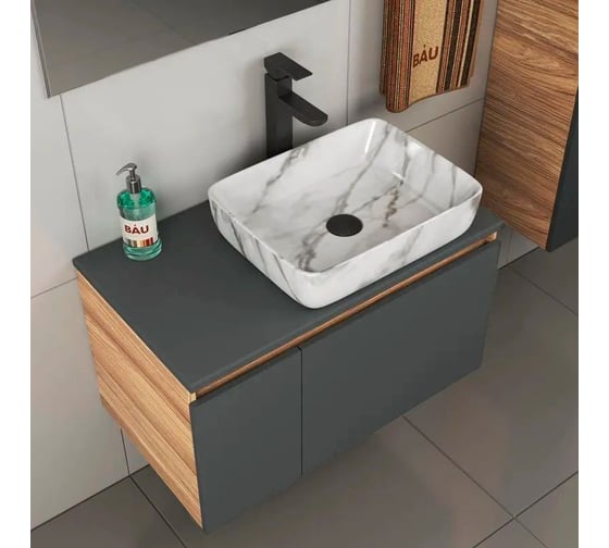 Комплект для ванной Bauedge 4 предмета (тумба Bau 80, графит + раковина BAU Hotel 51х39 + смеситель Hotel Black, выпуск клик-клак, черный) BD2273
