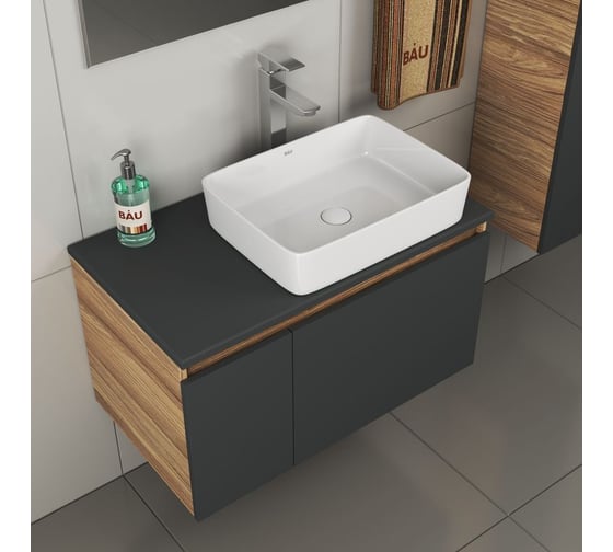 Комплект для ванной Bauedge 4 предмета (тумба Bau 80, графит + раковина BAU Hotel 48х37 + смеситель Hotel Still, выпуск клик-клак, белый) BD2162